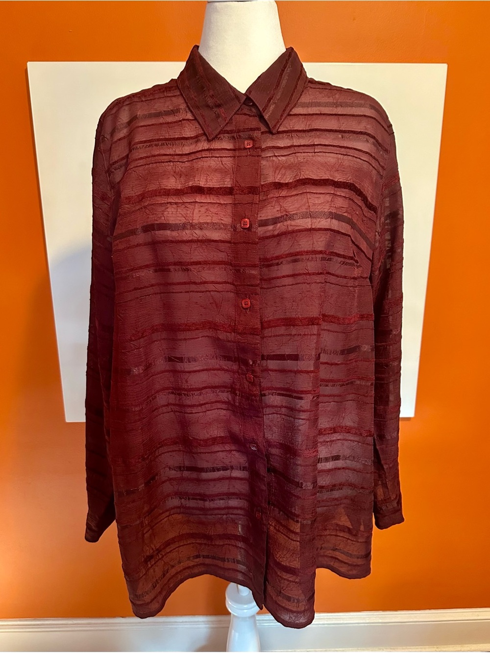 Coldwater Creek Burgundy Sheer Textured Striped Button Down Blouse 2X